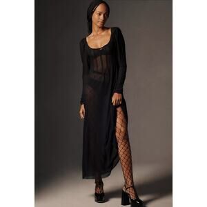 by Anthropologie Sheer Ruched-Sleeve Midi Dress - Black - XS